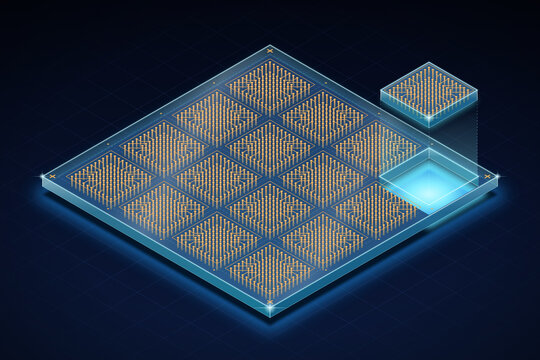 Glass core substrate panel with copper through-glass vias in isometric view, one substrate unit singulated and lifted out