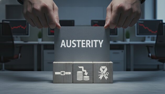 Person holding a gray card with austerity written on it above three wooden cubes featuring symbols like belts and down arrows in an office room.