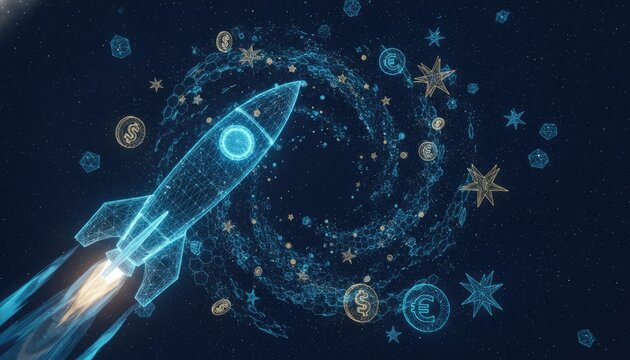 Futuristic rocket blasts through a spiral galaxy filled with floating gold currency symbols and glowing blue coins in deep outer space.
