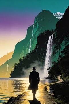 A mysterious man in a top hat walks along a New Zealand fjord path beneath emerald cliffs and a glowing sky in bold pop art style