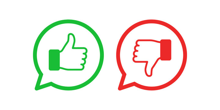 Speech bubbles with thumbs up and down line art icons for user review.