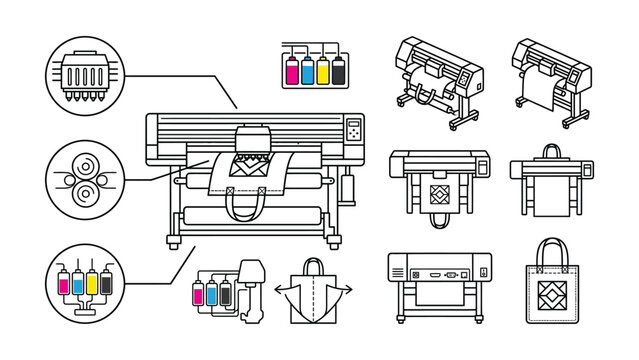 Large Format Printer, Ink Cartridges, and Tote Bag Printing Machine Icons - Vector Illustration