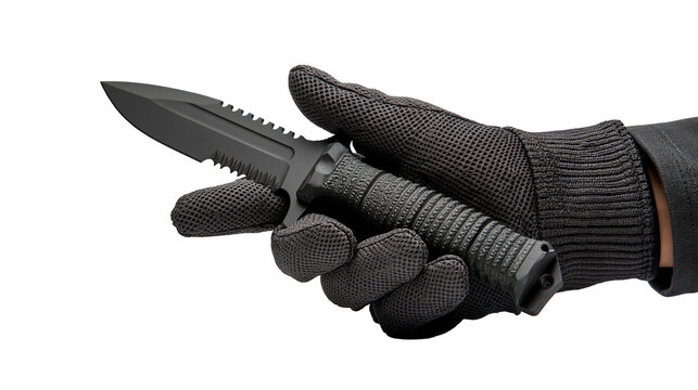Tactical combat knife with serrated blade held by a hand wearing a black glove