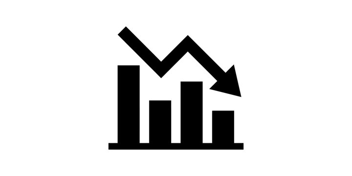 Bar chart graph with downward arrow on white canvas surface design style.
