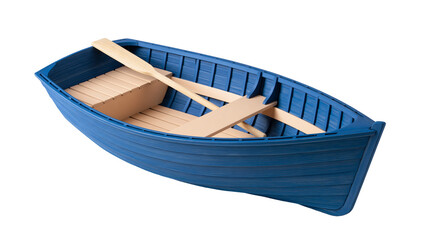 Blue wooden rowboat with light wood benches and a single wooden oar inside © Lyra