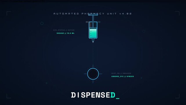 Digital user interface hud animation displaying a glowing syringe dispensing liquid drop on dark background