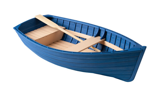 Blue wooden rowboat with light wood benches and a single wooden oar inside