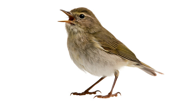Small brown warbler bird with open beak singing perched on a branch