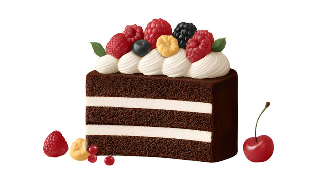 Chocolate layer cake slice with two cream layers, piped cream rosettes topped with raspberries, blackberry, blueberry, physalis and a cherry garnish.