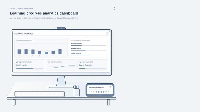 Learning progress analytics dashboard animation with course completion, performance charts and student metrics, clean e-learning motion graphic for online education, training insights and tracking