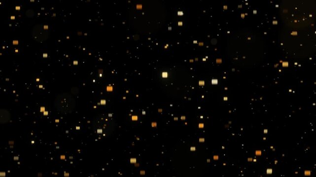 Gold confetti pieces tumbling and flashing as they fall on a black background with three depth planes for party celebration overlays