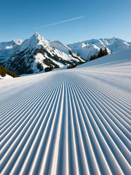 Freshly Groomed Alpine Ski Slope with Snow-Covered Mountains and Winter Landscape. pristine freshly groomed ski slopes, expansive alpine mountain ranges, snow-covered peaks. mountain tourism and outdo