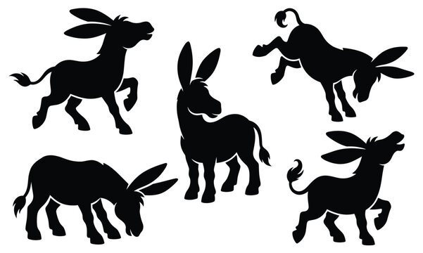 Black Donkey Silhouette Vector Icon Set with Playful Running Kicking Standing and Grazing Burro Poses for Ranch Logo Graphic Designs