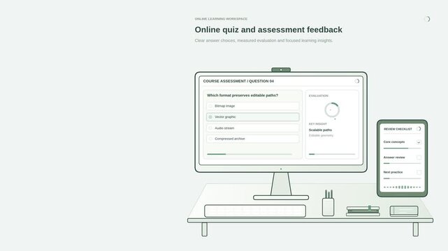 Online quiz and assessment feedback animation with test questions, scores and learner results, clean e-learning motion graphic for digital education, student evaluation and online training platforms