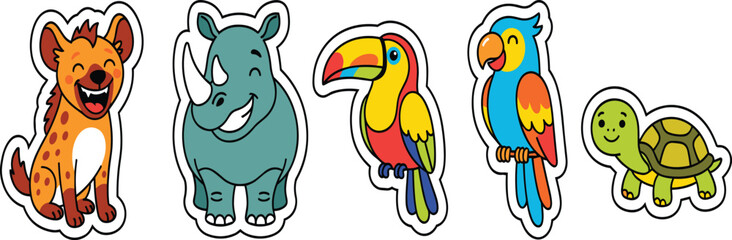 Fototapeta premium Cute Cartoon Wild Animal Sticker Set Featuring Happy Hyena Rhinoceros Toucan Macaw Parrot and Tortoise Characters for Kids Vector Design Layouts