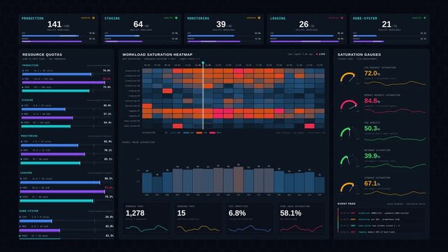 4K container orchestration dashboard tracking namespace health, resource quotas, and workload saturation with live heatmap and gauges on dark UI for commercial creative technology and business use.