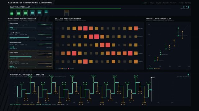 4K Kubernetes autoscaling dashboard animation showing replica demand, resource pressure, and scaling actions on a dark graphite background with green and amber indicators.