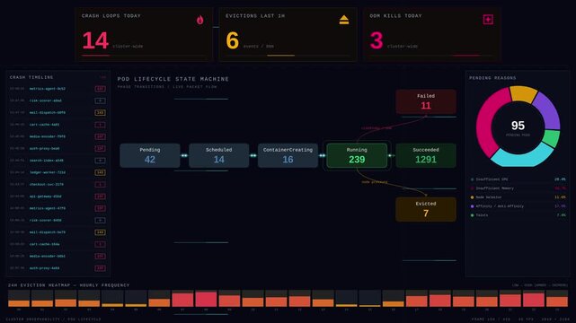 4K cinematic Kubernetes pod lifecycle dashboard animation tracking crashes, restarts, evictions, and pending workloads with dark UI, data visualization, and real-time metrics for DevOps monitoring.