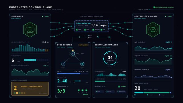 Kubernetes control plane monitoring dashboard with scheduler, API server, and etcd health metrics on dark background for commercial creative technology and business use.