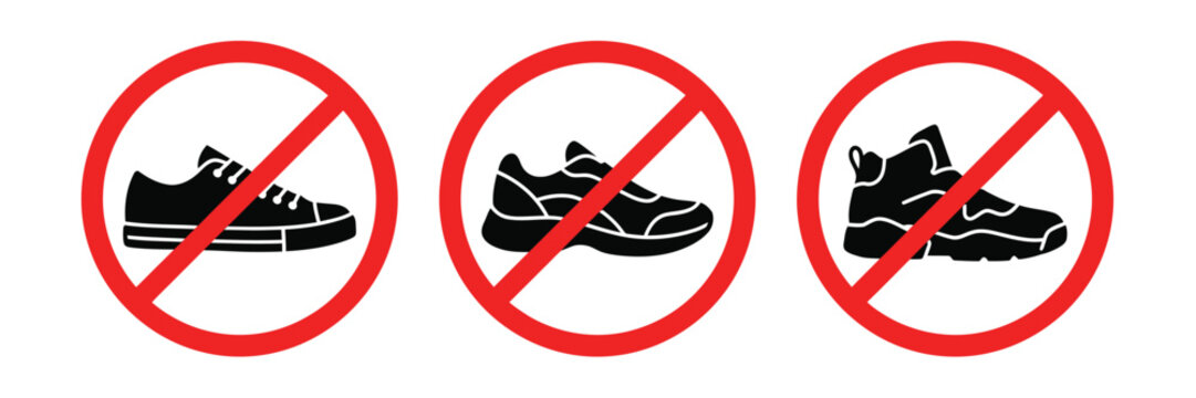 No shoes icon symbol set. Remove footwear sign. Shoes not allowed. Prohibition, prohibited, forbid shoes.