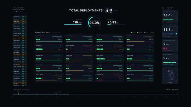 Premium 4K Kubernetes workload monitoring dashboard animation displaying deployment health, replica status, restarts, and real-time availability metrics on a dark interface.