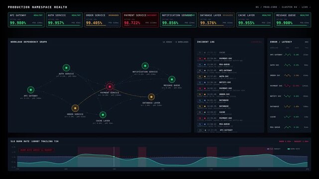 4K production namespace health dashboard with workload dependencies, incident alerts, and service status monitoring interface for commercial creative technology and business use.