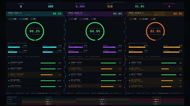 Premium 4K multi-cluster Kubernetes operations dashboard with global map, region health rings, resource bars, and latency matrix on dark background for commercial creative technology and business use.