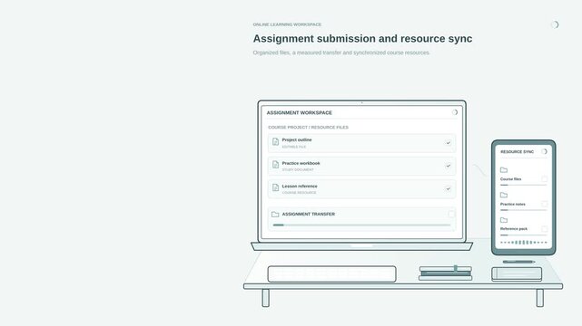 Assignment submission and resource sync animation with uploaded coursework, shared files and learning workflow, clean e-learning motion graphic for online education, students and digital classrooms