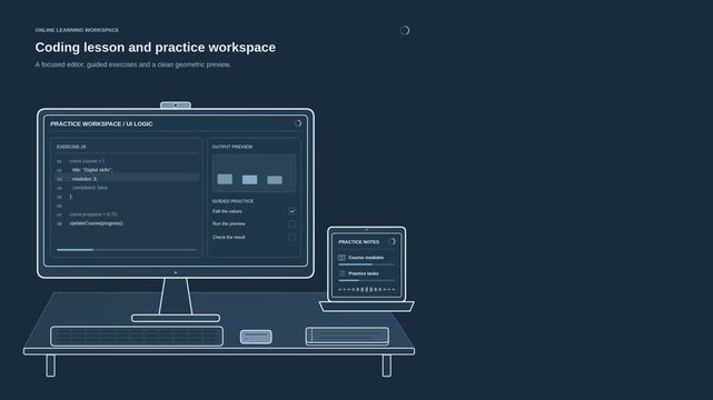Coding lesson and practice workspace animation with programming exercises, code interface and learning tools, clean e-learning motion graphic for online coding, developer training and digital study
