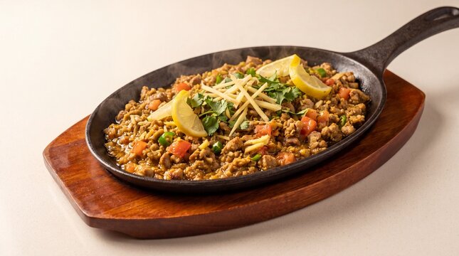 Traditional pakistani kata kat meat dish served in a hot sizzling