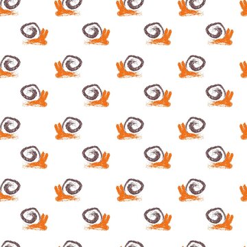 Seamless repeating pattern of whimsical hand-drawn snails with brown spiral shells and orange bodies on white background. Playful decorative design perfect for textiles