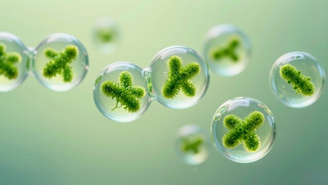 Tiny green microscopic algae cells suspended inside transparent spherical containers against a soft gradient background.