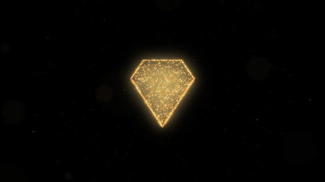 Gold glitter particles forming a brilliant cut gem on a black background with a sparkling burst for luxury and jewellery branding