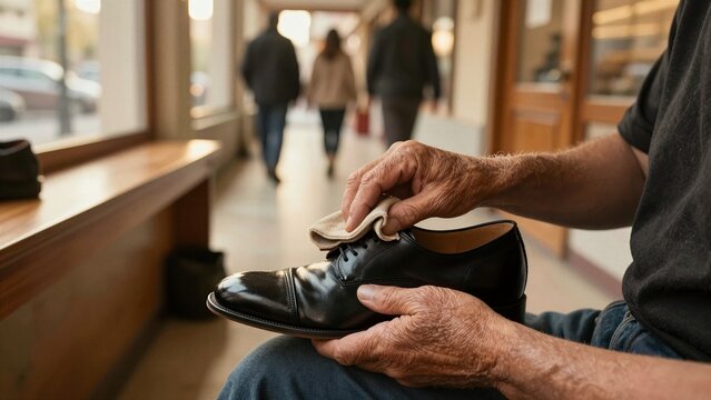 A skilled shoe shiner meticulously polishes a black leather dress shoe with a cloth in a bustling urban hallway.