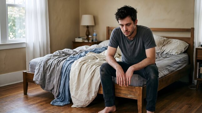 Man Sitting on Bed Looking Sad and Depressed.