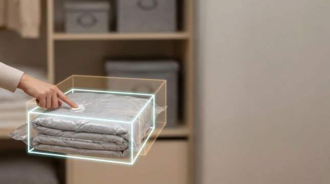 Woman holding vacuum storage bag with folded clothes for data compression visual metaphor with hand pressing bag to remove air in conceptual image