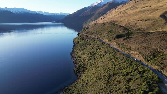 New Zealand aerial view of Lake Hawea showcases breathtaking Southern Alps scenery with beautiful mountain ranges and tranquil natural landscapes for travel and tourism 