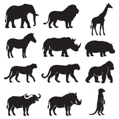 Fototapeta premium Wild animal silhouettes including an elephant, lion, giraffe, and zebra are arranged in a grid on a white background.