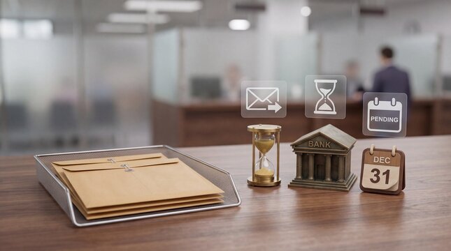 Bank document tray with hourglass and pending calendar date on a wooden office desk