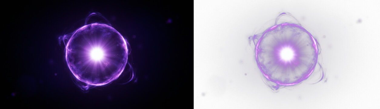 Abstract purple energy sphere with glowing light particles and magical aura effect, futuristic plasma orb isolated on transparent background