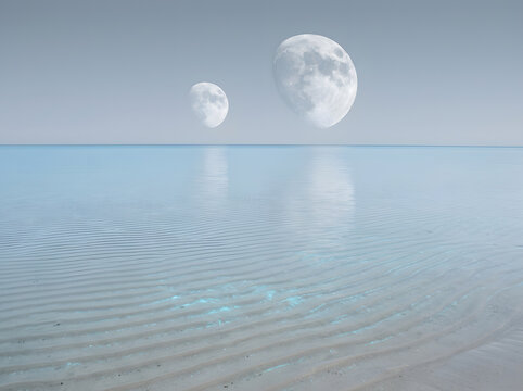 Calm Extraterrestrial Ocean Beneath Two Large Moons