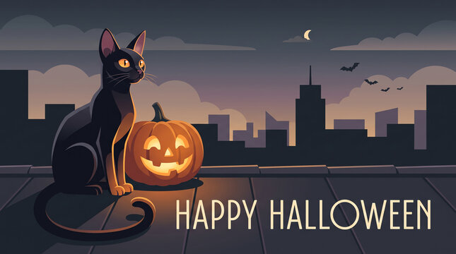 Black cat sitting next to jack o lantern celebrating Halloween on