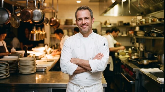 Confident Chef In White Uniform Standing In Restaurant Kitchen