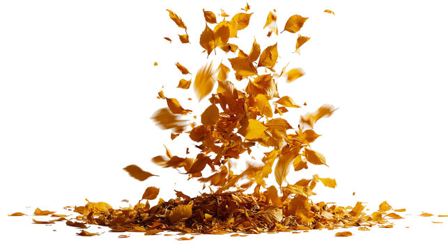 Swirling golden autumn leaves flying in a vortex motion