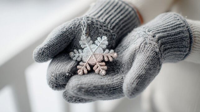 Winter Holiday Snowflake Ornament. A hand wearing a warm knitted glove holds a sparkling snowflake ornament, symbolizing the festive winter season and holiday cheer