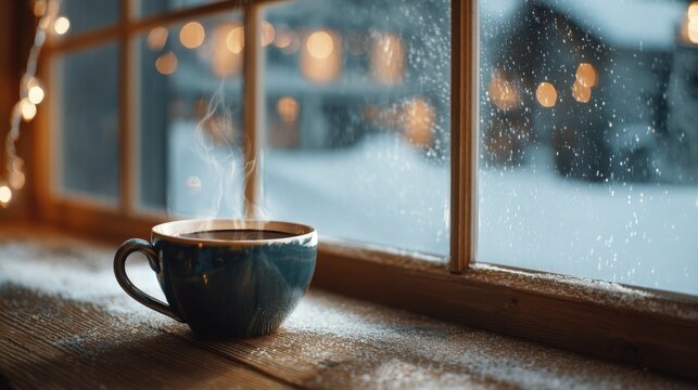 Cozy Winter Window View. A steaming cup of hot beverage sits on a snowy windowsill with festive lights visible through the window