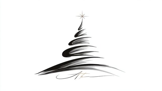 Elegant Christmas Tree Illustration. A minimalist, artistic depiction of a Christmas tree with a star on top, rendered in bold brush strokes on a white background