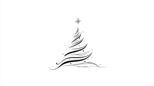 Elegant Christmas Tree Illustration. A minimalist, artistic rendering of a Christmas tree with swirling lines and subtle festive accents on a clean white background