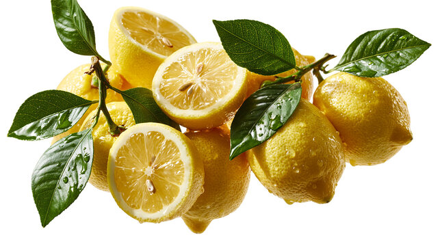 Fresh yellow lemons with green leaves and water droplets