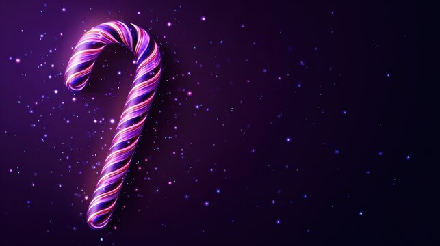 Festive Candy Cane with Sparkles. Vibrant, swirling candy cane with purple and pink hues, set against dark background filled with shimmering lights and bokeh effects evoking magical holiday atmosphere
